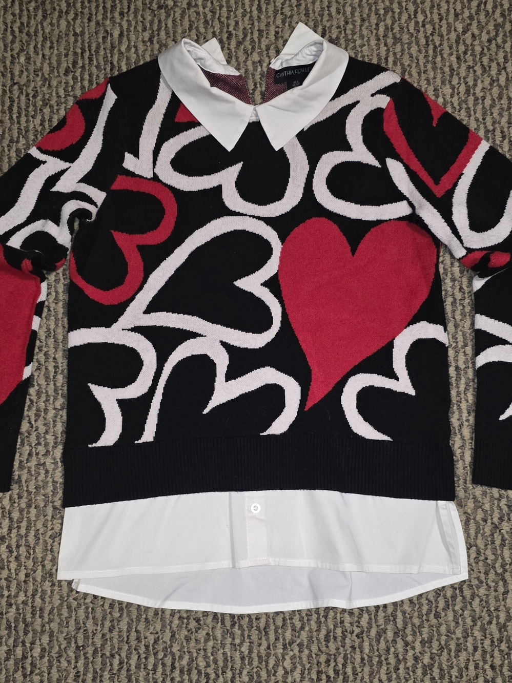 Cynthia Rowley Black Red Heart Pattern Sweater with White Shirt Detail